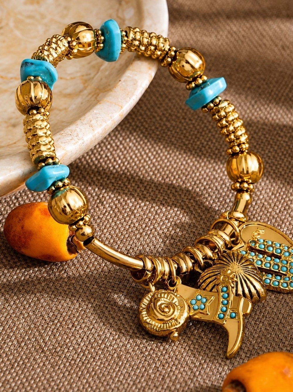Gold-Tone Western Charm Bracelet with Turquoise Beads